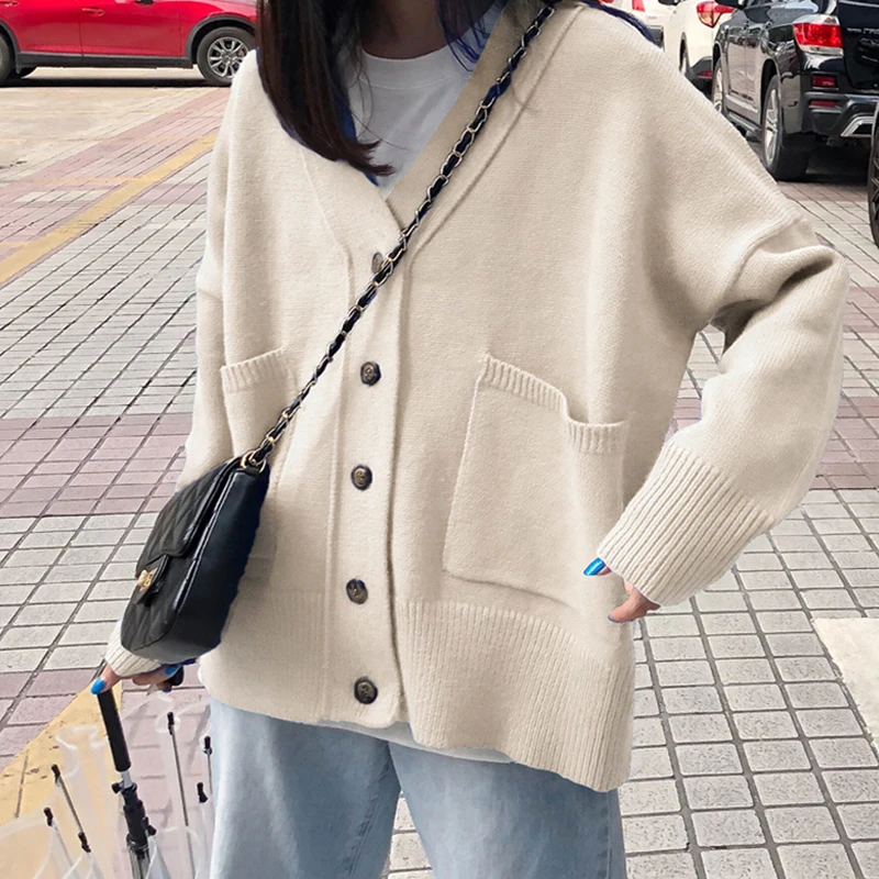 Women Cardigans Blue Sweater V neck Jacket Pocket Soft Coat Red Pink Green Solid Color Knitted Loose Designer Single Breasted |
