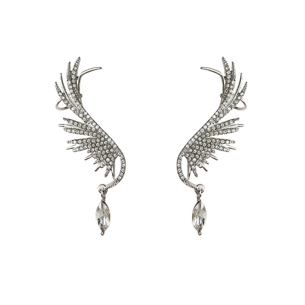 

925 Silver Needle European and American Luxury Earrings Angel Wing Earrings Ear Bone Clip Earrings Full Rhinestone Earrings