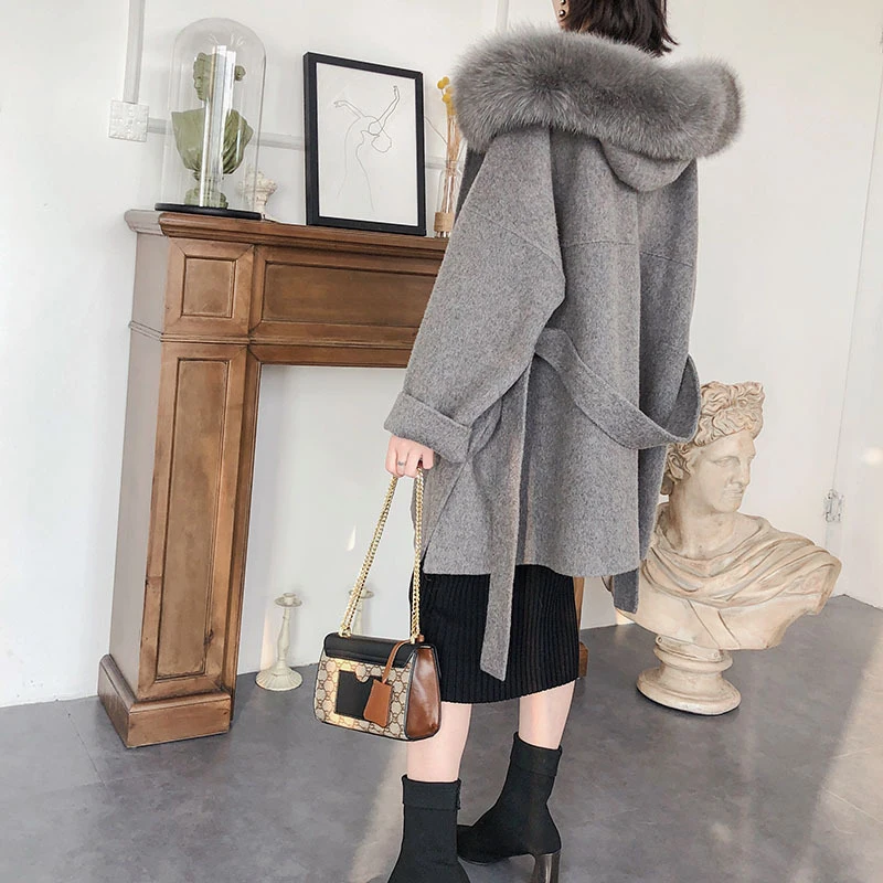 Женское шерстяное пальто ручной работы с воротником из лисьего меха | Женская