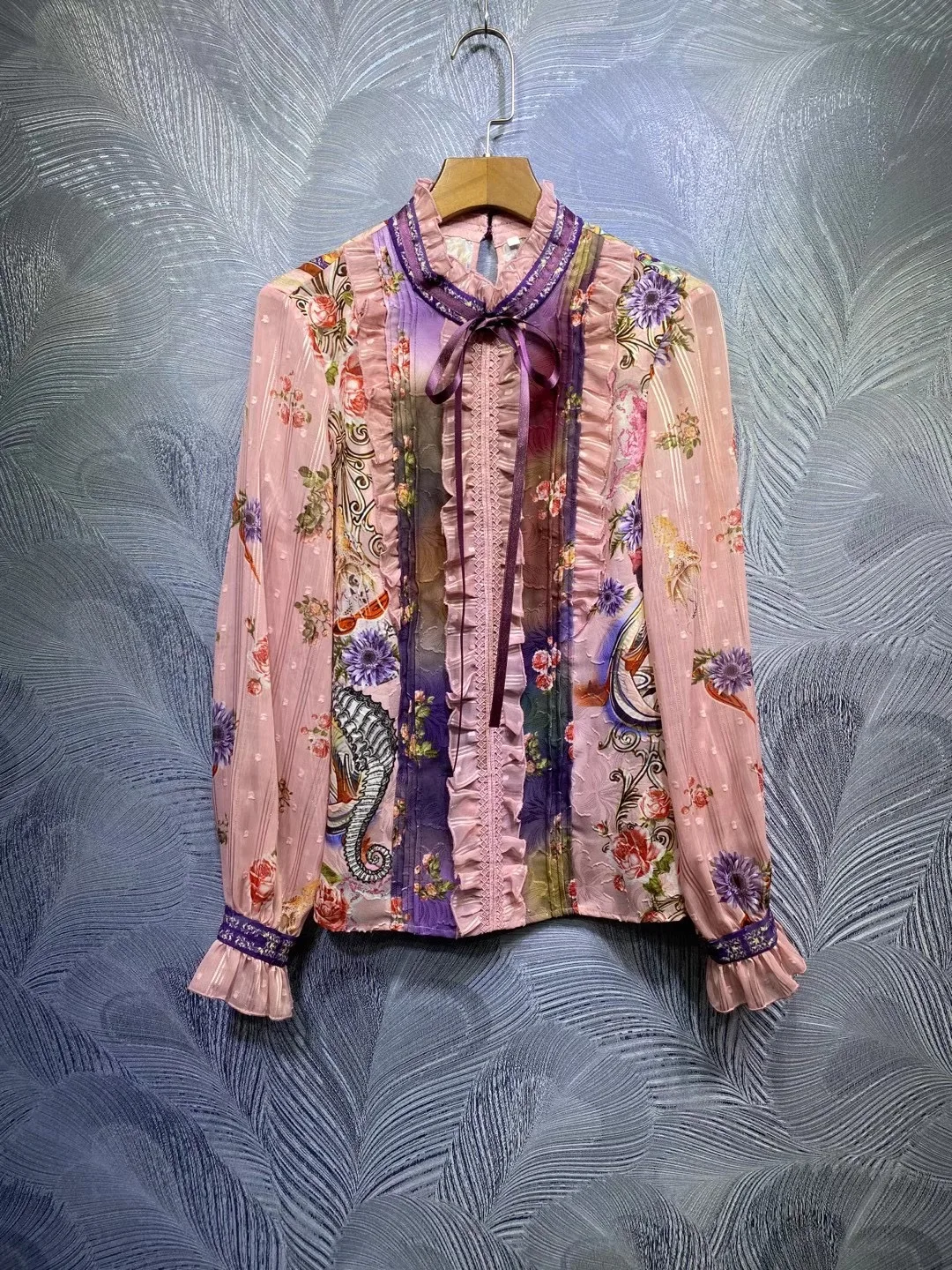 

Женская комбинированная рубашка, прозрачная рубашка на бретельках с принтом в виде деревянных ушей, с рукавами-фонариками в дворцовом стил...