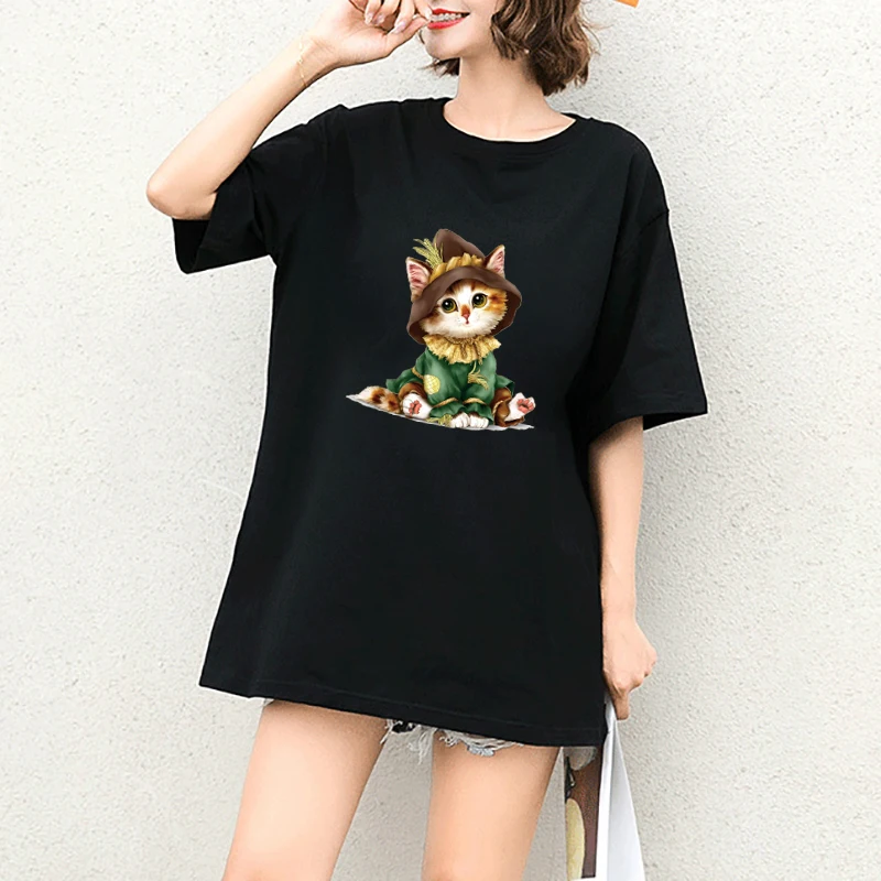 Женская футболка с принтом мультяшного кота свободная повседневная коротким