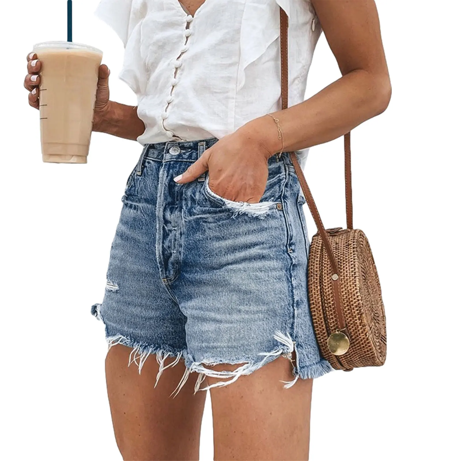 В винтажном стиле Сезон лето потертые джинсы шорты женские отворотом джинсовые