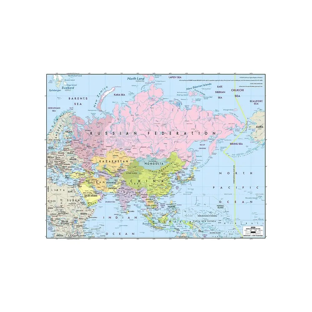 

150x100cm Non-woven Non-Smell Map of Asia Mercator Projection Without National Flag For Education