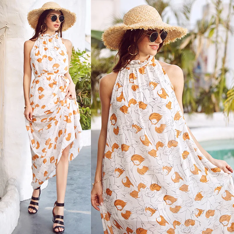 Женское платье 2020 Новое богемное шифоновое с принтом белого и оранжевого цвета