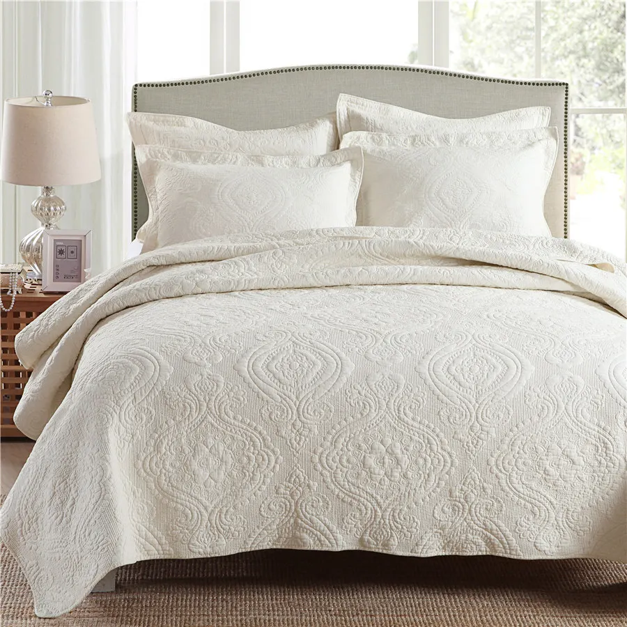 

American Embroidery Quilted Bedspread for Bed Cotton Summer Quilts Set Double Coverlet Blanket Plain Queen 2 Pillow Cases Beige