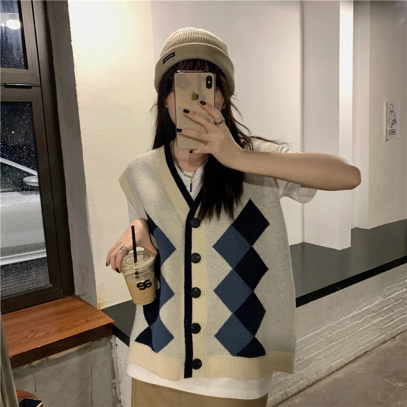 

Real Price Real Shot Autumn New ~ Retro Rhombus V-neck Open