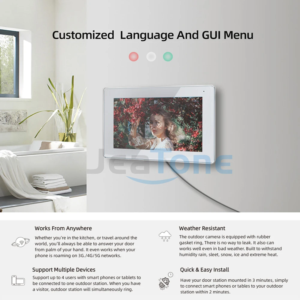 Видеодомофон Jeatone smart home 7-дюймовый Wi-Fi 4-проводной интерком для дома комнатный