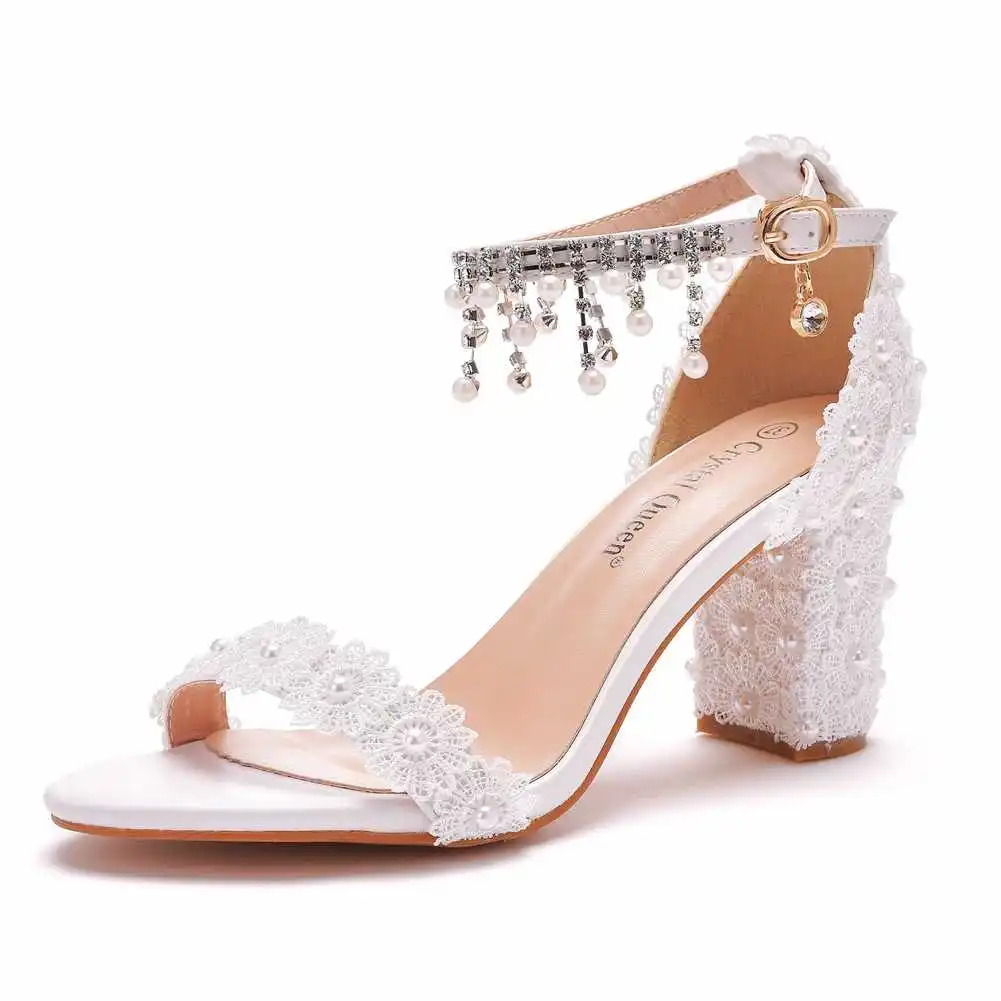

7cm thick heel shallow mouth one line Beaded square heel sandals white lace bride wedding shoes THICK HEEL SANDALS