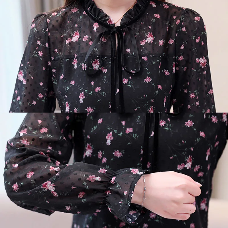 

Korean Fashion Clothing 2021 Spring Spliced Black Long Sleeve Tops Blusas Mujer Floral Bow Flare Sleeve Plus Size Tops New
