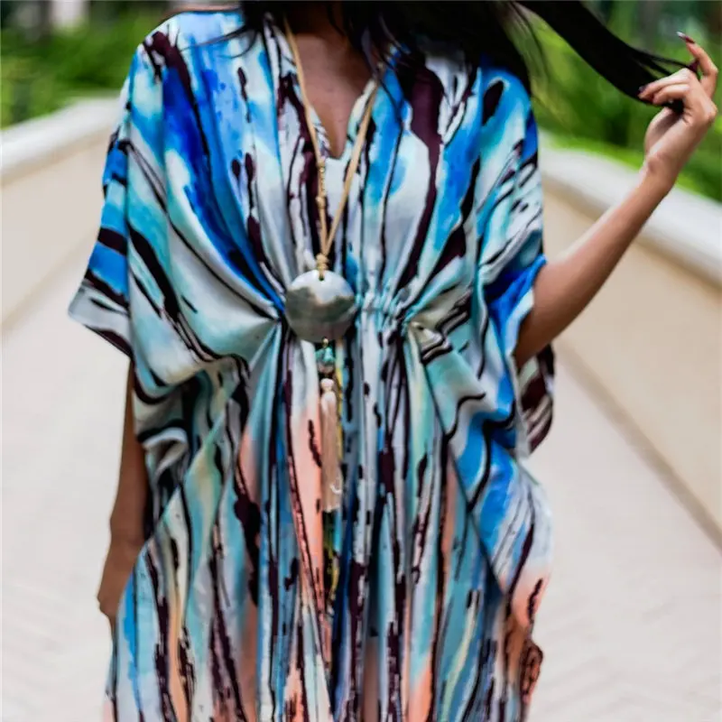 2020 Bohemian Printed Tropical Summer Beach Dress Muticolored Cotton Tunic Women Plus Size Beachwear Maxi Robe plage | Женская одежда