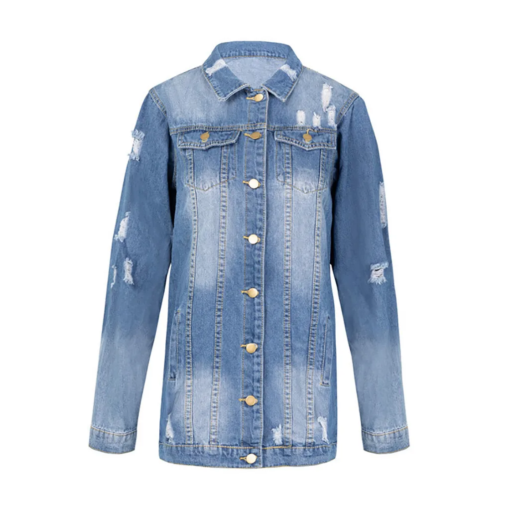 

TELOTUNY Women Midi Denim Jacket Vintage Short Jean Coat With Pocket Fashion Hole Down Distressed Button Long Sleeve Blouse