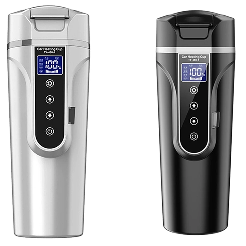 

2 Set 12V 24V Car Heating Cup Stainless Steel Warmer Car Water Kettle Coffee Mug LCD Display Temperature, White & Black