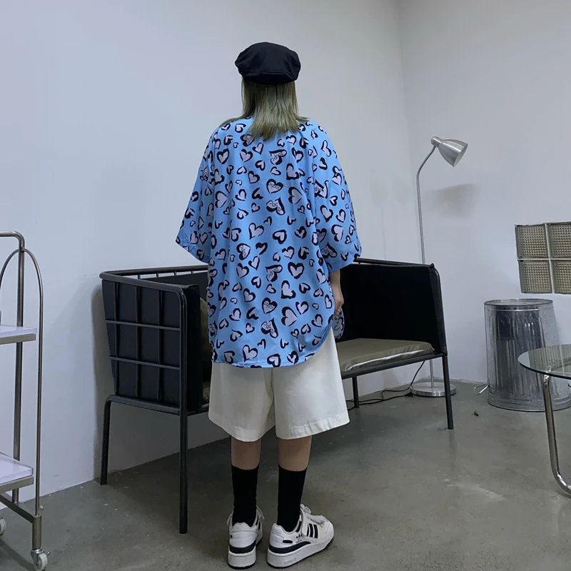 

Heart Print Interesting Shirt Buttons 2021 Turn-down Collar Summer Shirts Women Men Blouse Fashion New Street Style High Street