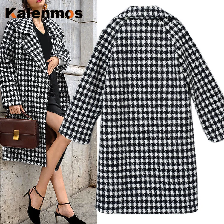 Зимнее длинное пальто размера плюс XL 4XL женское теплое в клетку с карманами