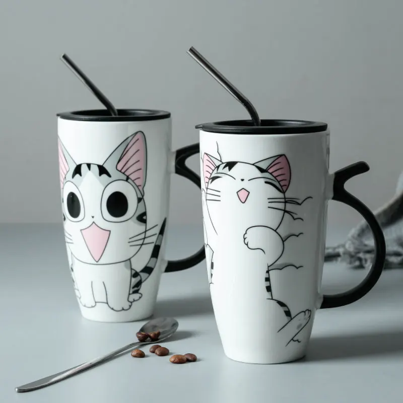 

650ml Cartoon Ceramics Cat Mug With Lid and Spoon Coffee Milk Tea Mugs Breakfast Cup Drinkware Novelty Gifts