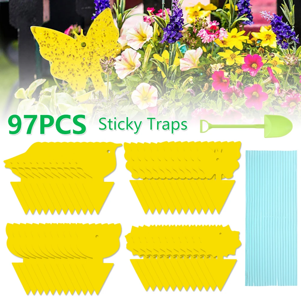 

97Pcs/set Fruit Fly Trap Yellow Sticky Greenhouse Plant Flowers Killer Aphids Wasp Catcher Dual Insect Bug Traps Glue Board