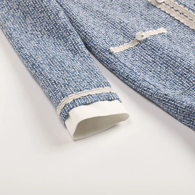 

Tweed Stright Dress Plus Size 5xl for Women Spring and Autumn Casual Blue Lace Edge Button Pockets Decoration Bow Doll Collar