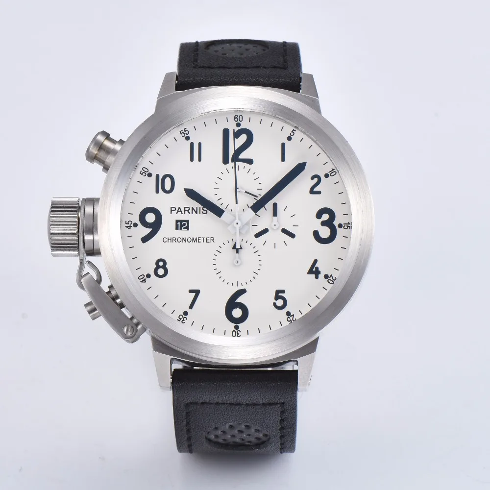 Часы хронограф Parnis мужские с кожаным ремешком спортивные светящиеся серебристые