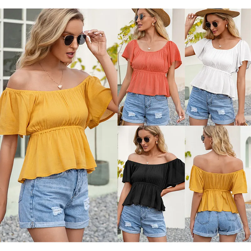 

2021 Summer Fashion Slash Neck Off Shoulder Women's T Shirts Tops Casual Bodycon Solid Short Sleeve Tunic Elegant Ladies T Shirt