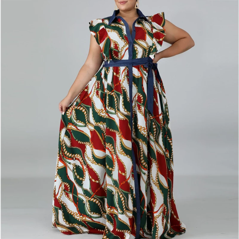 

Printed Dress Plus Size 5XL 6XL Elegant Sleeveless Empire Gular Button Lapel with Sashes Vacation Long Dresses for Lady Summer