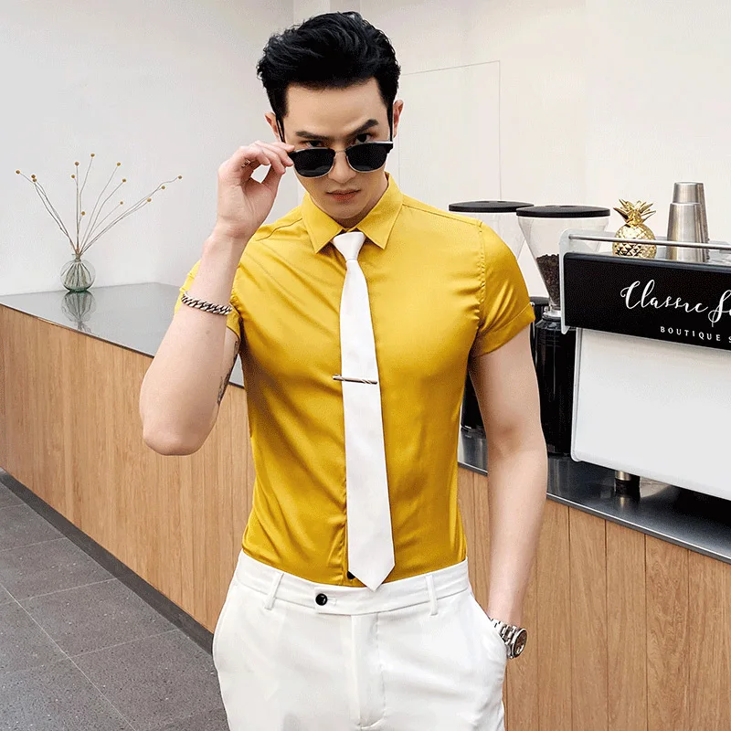 

summer Big 2021 Size Men Shirt Silk Short Sleeve Casual Slim Fit Shirt Streetwear Social Tuxedo Dress Clothing Camisa Masculina