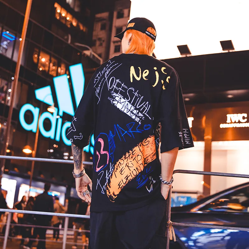 

Dropshipping Harajuku Graffiti Print Tshirts Streetwear Hip Hop Casual Tees Tops Women Men Short Sleeve Fashion Cotton T Shirts