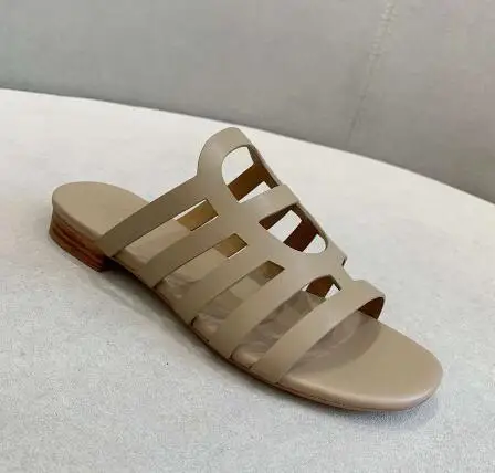 

BONJEAN Summer Flat Shoe Sexy Open Toe Leather Slipper Cutouts Beach Wearing Slides Red Black White