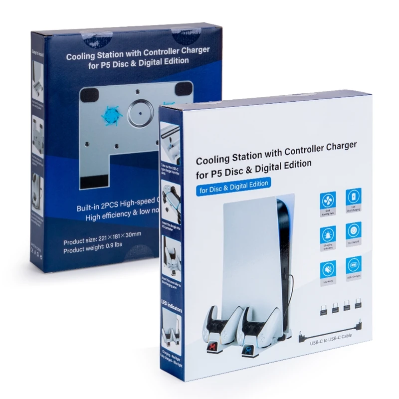 

Host Cooling Fan Dual Controller Charging Dock Station with LED Light Compatible with PS5 Disc Version & Digital Edtion