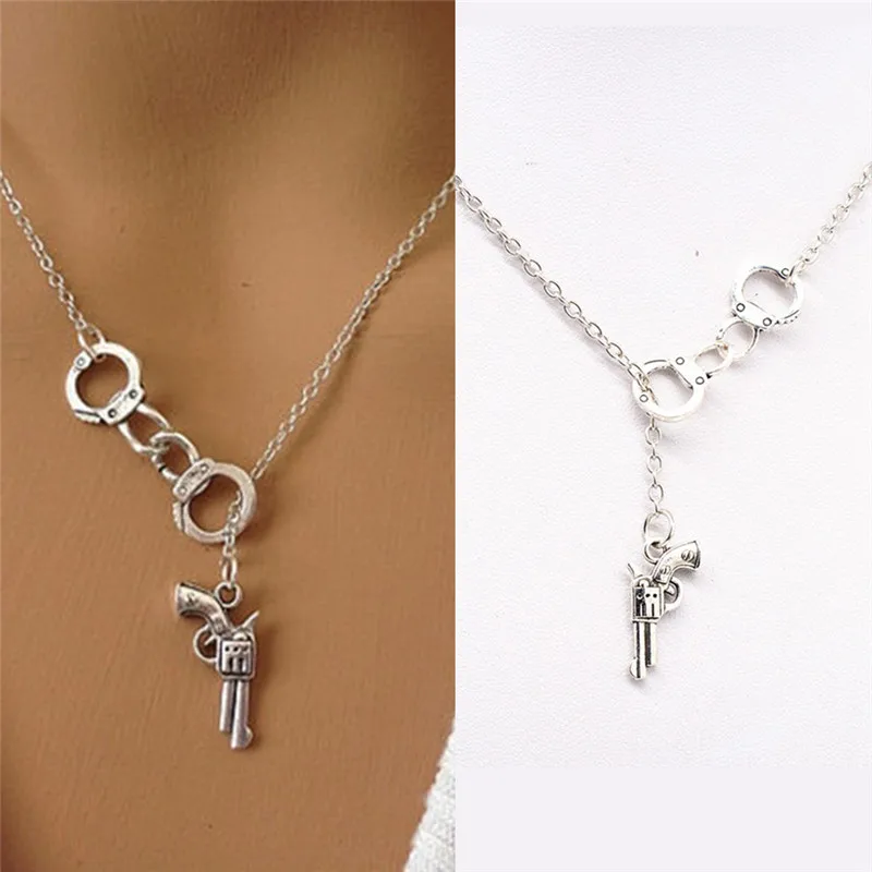 

Fashion Color Handcuff And Gun Necklace For Women Men Jewelry Gift