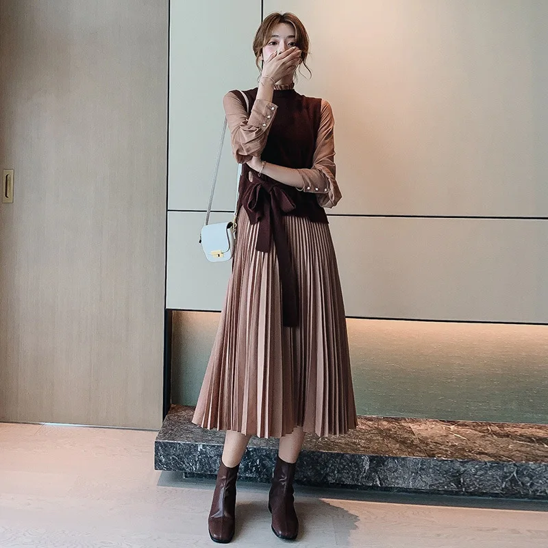 

Spring Autumn Two-piece Long Sleeve Dress New Women Solid Color Stand Collar Slimming Temperament Splicing Long A Pleated Dress