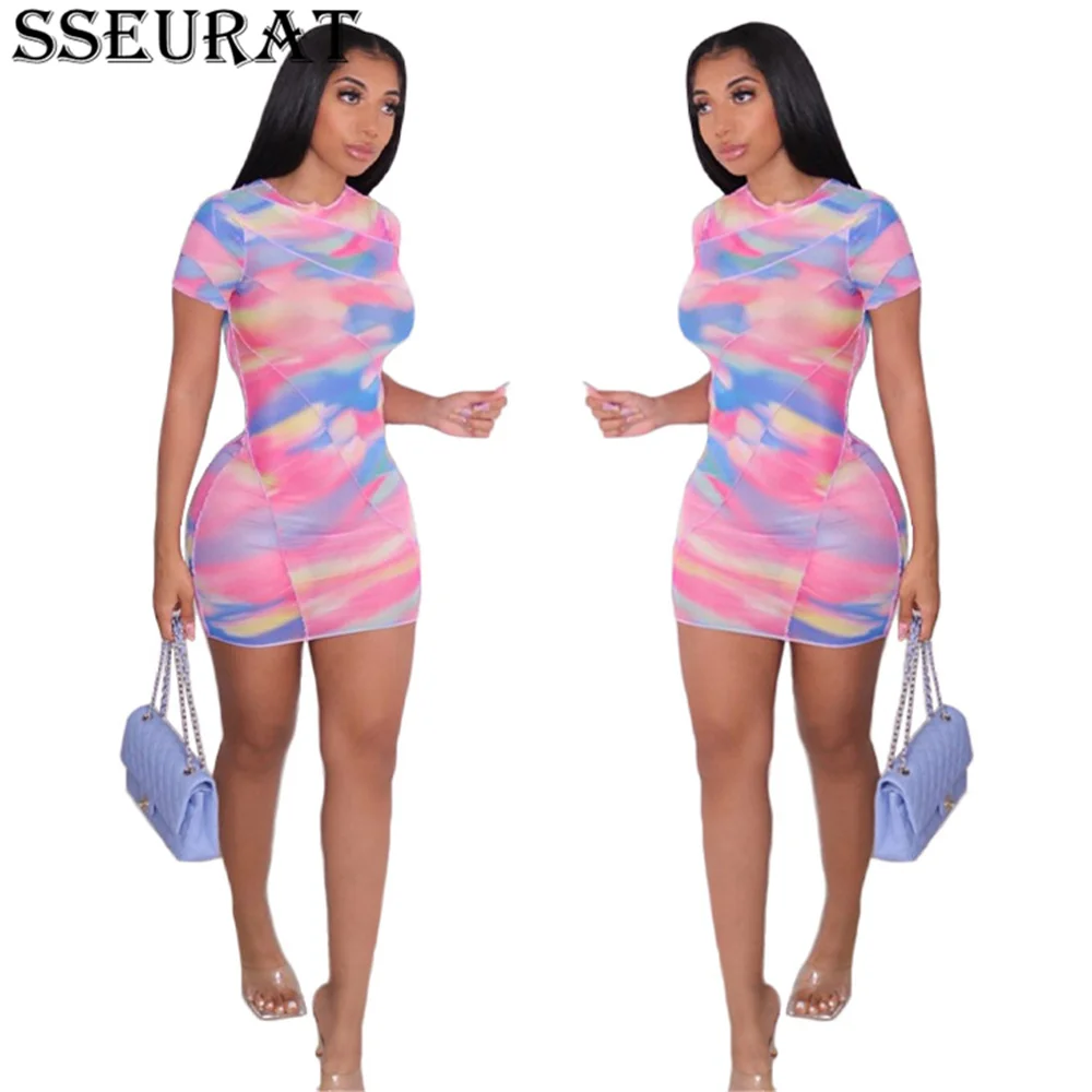 

SSEURAT Women Mini Dress Print Short Sleeve O-neck Strechy Bodycon Dresses Office Lady Streetwear Summer 2021