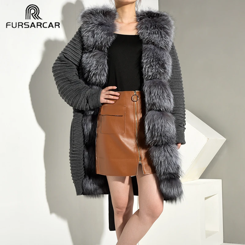 FURSARCAR модное серое платье Для женщин шерстяной свитер из натурального меха