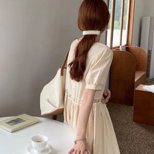 

FINEWORDS O Neck Waist Hollow Out Blue Shirt Dress Elegant Simple Solid Summer Long Dress Short Sleeve Loose Plus Size Dresses