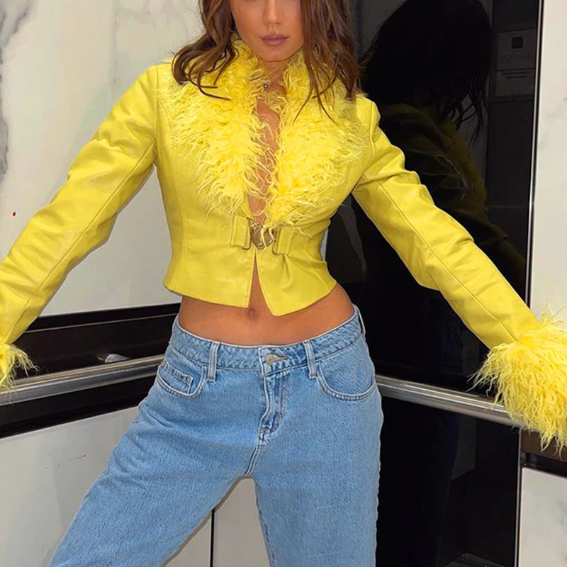 Women Faux Leather Jackets Fur Trim PU Leather Cropped Cardigan V Plush Neck Snap Coat