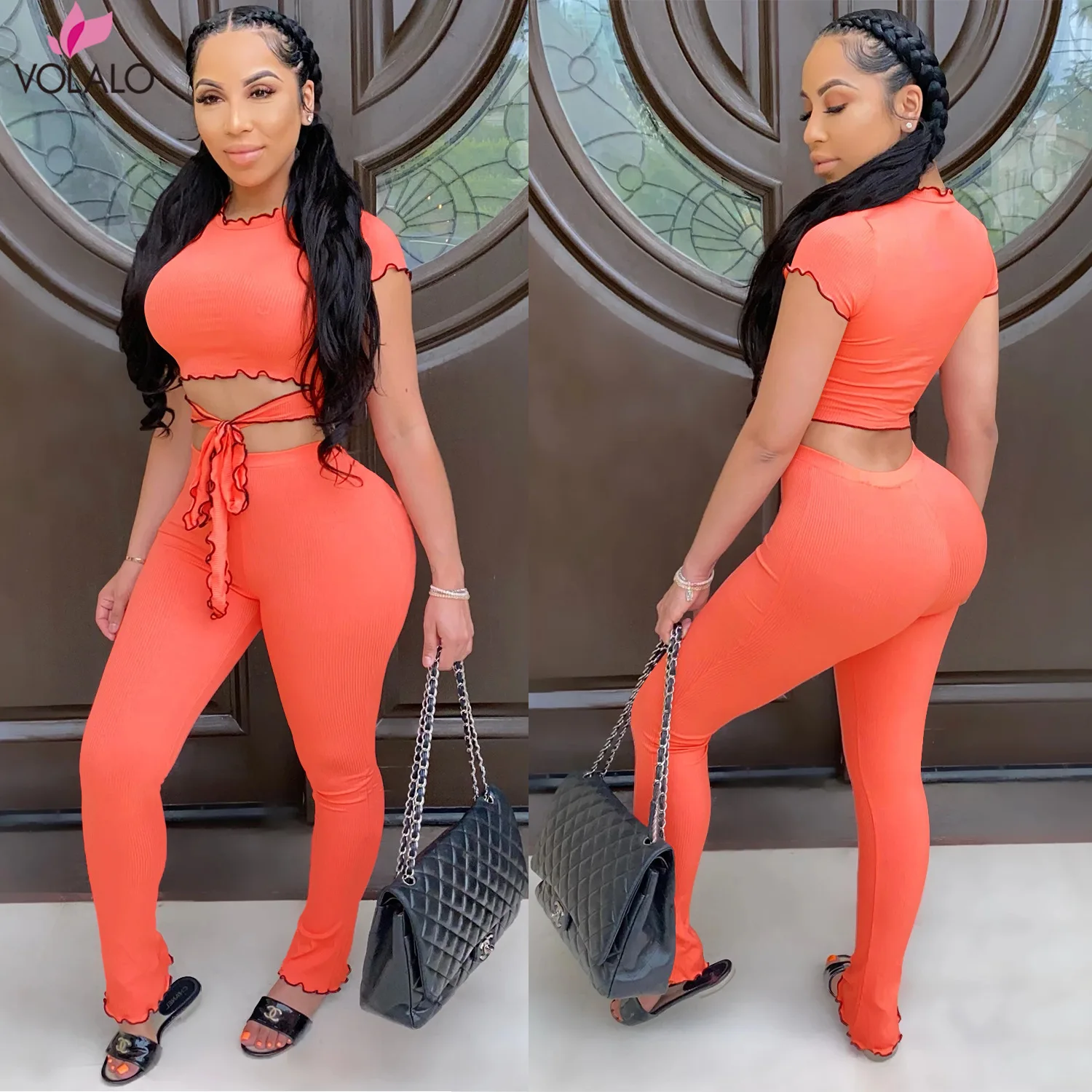 

VOLALO Women Ruffles Two Pieces Set Bandage Crop Top + High Waist Slim Leggings Solid Outfit Skinny Ruffles Fitness Tracksuit