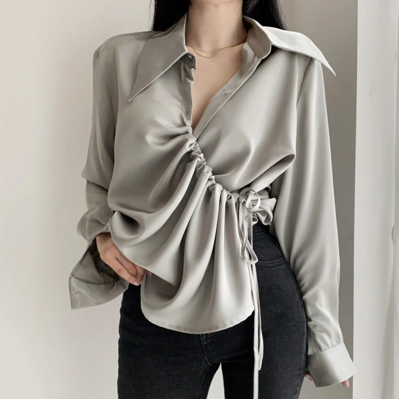 

Pinkou Women Fashion Shirring Blouse Long Sleeve Smooth Turn Down Collar Shirt Side Bow Tie Office Wear Tops Blusas Mujer LA200