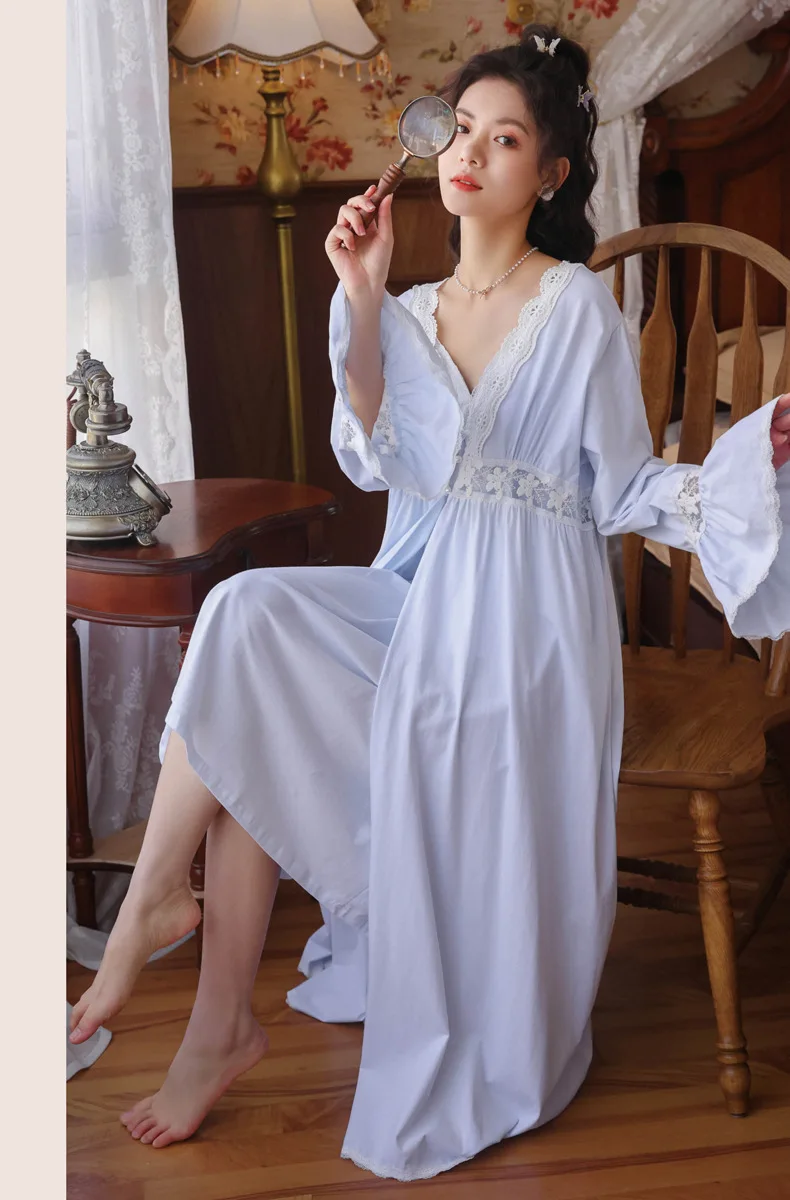 

2pcs New Style Long Cotton Nightdress Nightgown Set Female Spring Autumn Sweet Home Service Palace Style Princess Pajamas Set