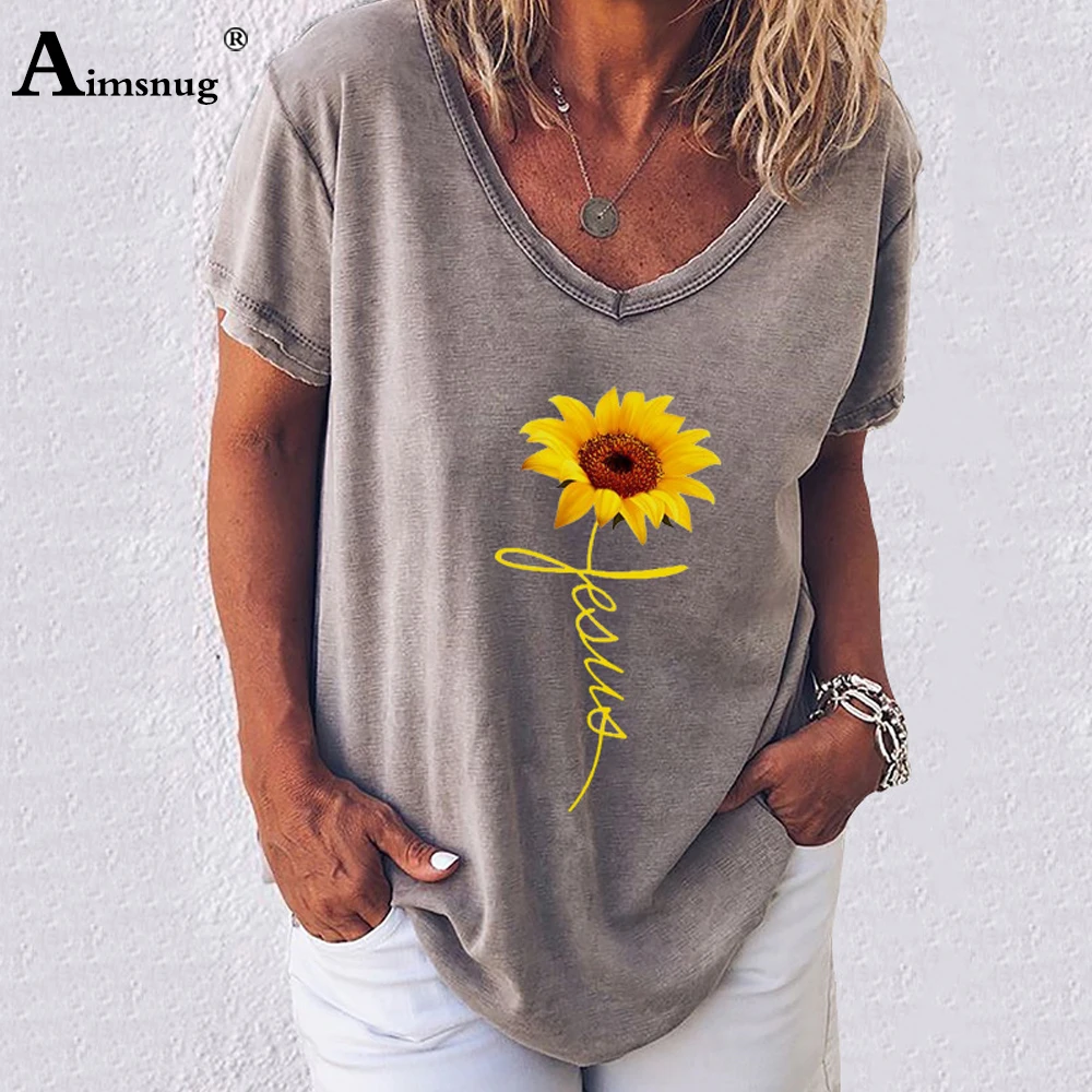 

2021 Summer New Dandelion Print Women's Top Female Short Sleeve V-neck T-Shirt Casual Loose Female Tees Shirt Plus size S-5XL