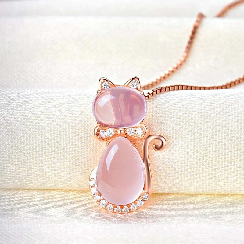 Korean version Necklace plated rose gold natural Ross quartz powder crystal cat women's Pendant clavicle chain jewelry necklaces |
