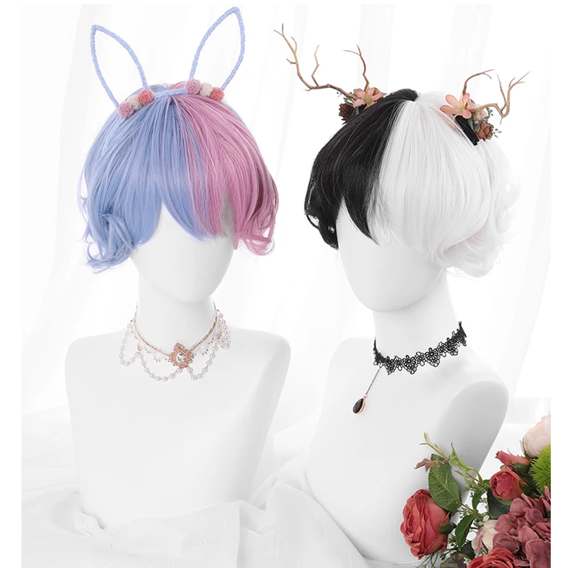 

Mixed Colors Kawaii Lolita Wig Harajuku Prince Black White Blue Pink Short Curly Hair Chic Girls Bestie Cosplay Daily Wear