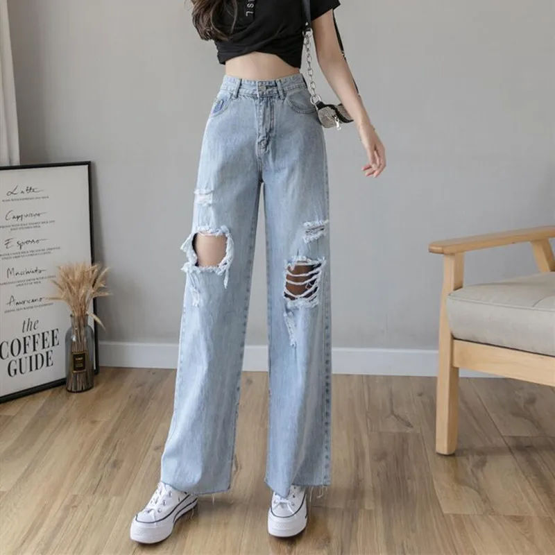 

Woman Jeans Clothes High Waisted Ripped 2020 Summer Streetwear Baggy Wide Leg Vintage Fashion Blue Harajuku Straight Pants