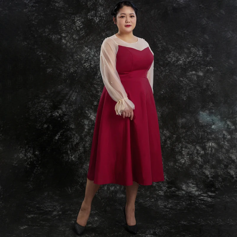 

New A-Line Evening Dresses O-Neck Full Sleeve Zipper Back Women Party Dress Tea-length Simple Ruched Plus Size Formal Gowns D446