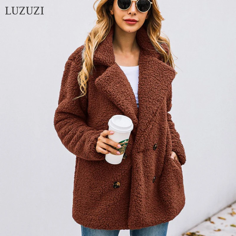 Женская двубортная куртка LUZUZI свободная плюшевая из овечьей кожи с отложным