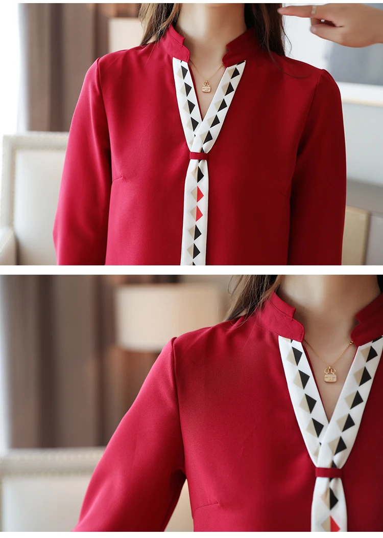 Dingaozlz blusa feminina Elegant Chiffon shirt Long sleeve Ladies blouse Red White Office lady shirt Patchwork Women Tops