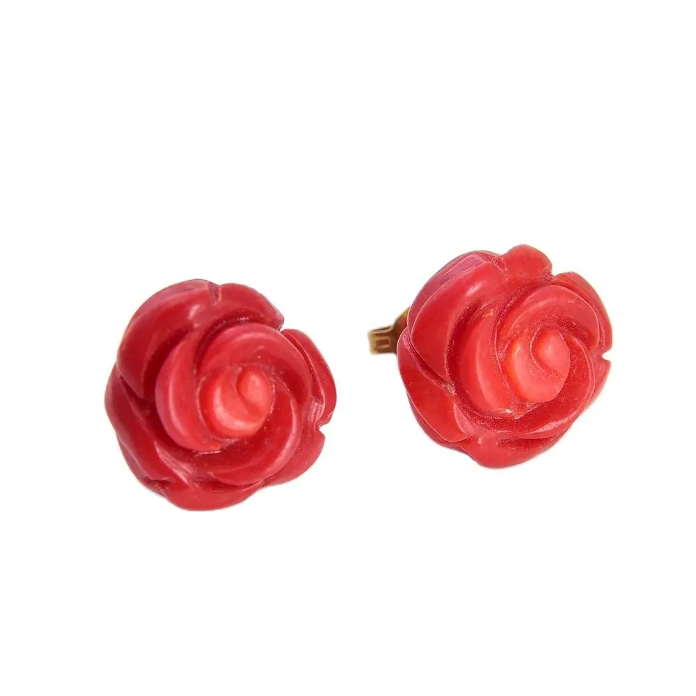 

GG Jewelry Classic 15mm Natural Carven Red Coral Flower 14K Stud Earrings