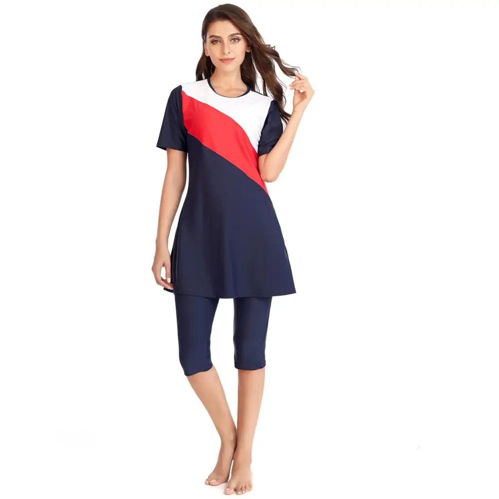

Plus Size Muslim Swimwear Women Modest Patchwork Full Cover Short Sleeve Swimsuit Islamic Hijab Islam Burkinis Wear Bathing Suit