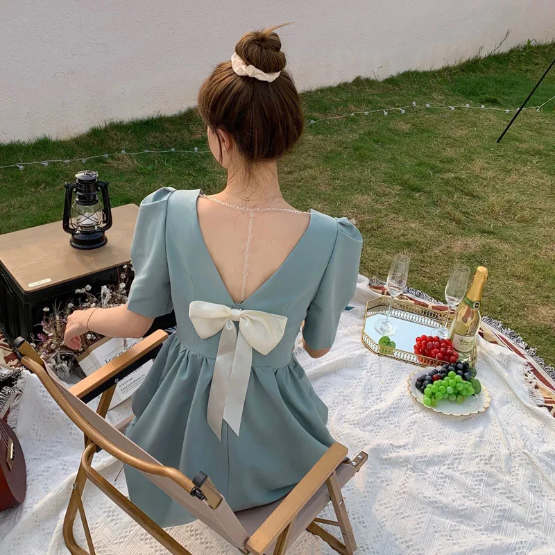 

Новинка 2021, летнее милое платье для отпуска, винтажное элегантное пикантное мини-платье с открытой спиной Вечерние большим бантом на спине, ...