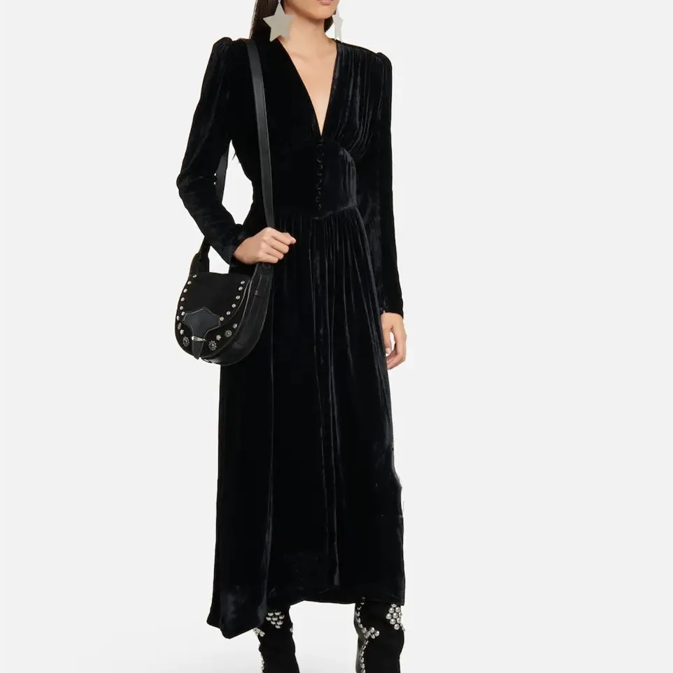 

Женское бархатное платье до середины икры, однотонное свободное повседневное длинное платье с длинным рукавом и V-образным вырезом, Осень-з...