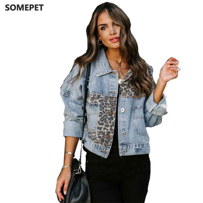 

Winter Long-sleeved Jacket Denim European And American Style Leopard Print Stitching Lapel Short Jacket Jacket Women