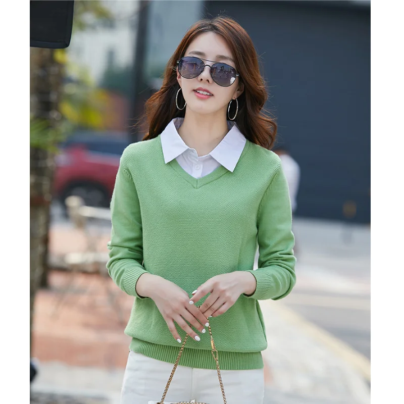 

Spring And Autumn Women's Long-sleeved Sweater New Fake Two Piece Patchwork Elegant Knitted Female Pullovers Comfortable Tops